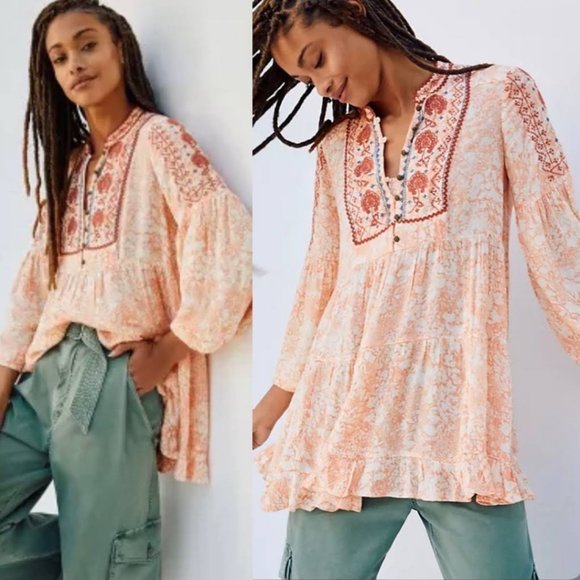 Anthropologie Tops - Anthropologie Claudia Embroidered Babydoll Tunic Top Size XL Extra Large